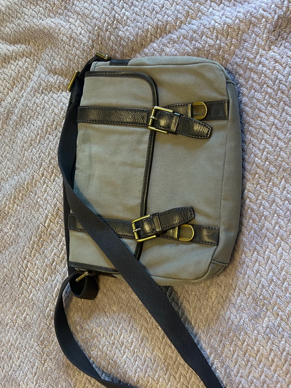Fossil Gray Canvas Crossbody with Black Leather Trim